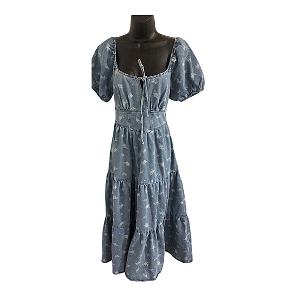 Denim printed puff sleeve smocked tiered boho long dress size large brand new - Picture 3 of 15